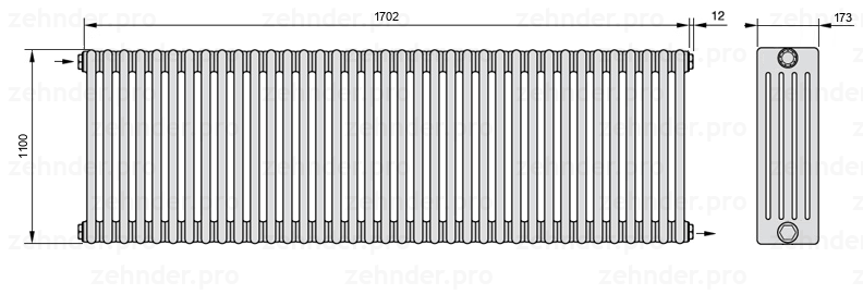 Схема (чертеж) Радиатор Zehnder Charleston 5110/37 №1670 Белый глянцевый RAL 9016